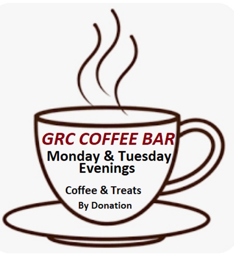 Coffee cup logo printed with G. R. C. Coffee Bar, Monday and Tuesday evenings. Coffee and treats, by donation.